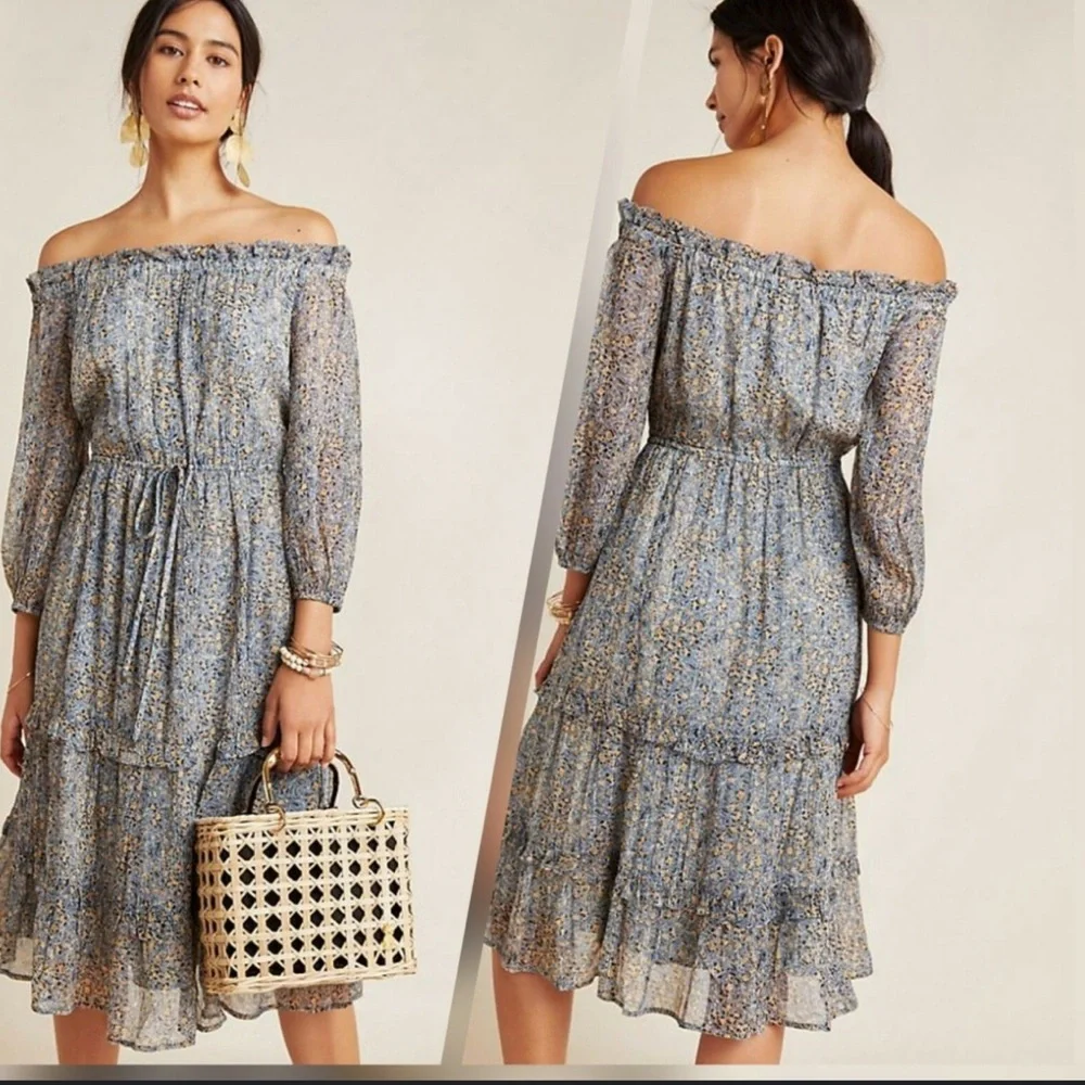 By Anthropologie Blue Kira Off-The-Shoulder Adjustable TieWaist Peasant Dress 14 - Picture 2 of 16